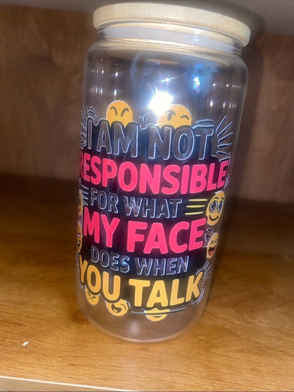 Hand Crafted Clear Tumbler with Pink & Yellow Emoji Text